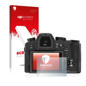 Vorderseite einer Produktverpackung mit dem Markenlogo upscreen. Daneben ist das Gerät Leica V-LUX 5 mit dem zugehörigen Displ