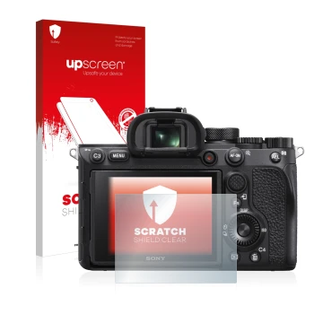 Vorderseite einer Produktverpackung mit dem Markenlogo upscreen. Daneben ist das Gerät Sony Alpha 7R IV mit dem zugehörigen Di