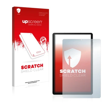 Vorderseite einer Produktverpackung mit dem Markenlogo upscreen. Daneben ist das Gerät Samsung Galaxy Tab S6 WiFi 2019 mit dem