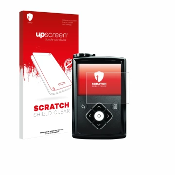 Vorderseite einer Produktverpackung mit dem Markenlogo upscreen. Daneben ist das Gerät Medtronic Minimed 640G mit dem zugehöri