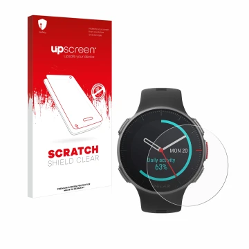 Vorderseite einer Produktverpackung mit dem Markenlogo upscreen. Daneben ist das Gerät Polar Vantage V Titan mit dem zugehörig