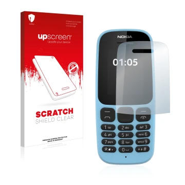 Vorderseite einer Produktverpackung mit dem Markenlogo upscreen. Daneben ist das Gerät Nokia 105 2019 mit dem zugehörigen Disp