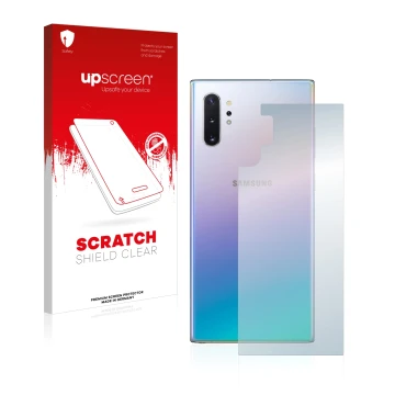 Vorderseite einer Produktverpackung mit dem Markenlogo upscreen. Daneben ist das Gerät Samsung Galaxy Note 10 Plus (Rückseite)