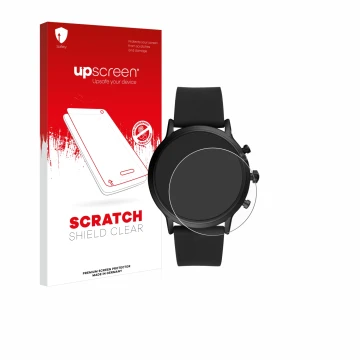 Vorderseite einer Produktverpackung mit dem Markenlogo upscreen. Daneben ist das Gerät Fossil The Carlyle HR (5.Gen) mit dem z