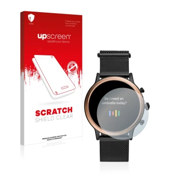 Vorderseite einer Produktverpackung mit dem Markenlogo upscreen. Daneben ist das Gerät Fossil Julianna HR (5.Gen) mit dem zuge