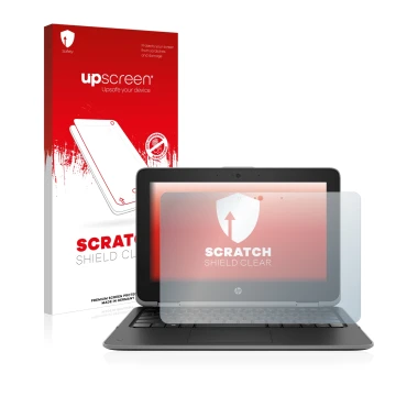Vorderseite einer Produktverpackung mit dem Markenlogo upscreen. Daneben ist das Gerät HP ProBook x360 11 G3 mit dem zugehörig