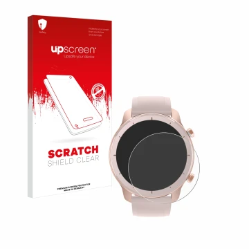 Vorderseite einer Produktverpackung mit dem Markenlogo upscreen. Daneben ist das Gerät Huami Amazfit GTR (42 mm) mit dem zugeh