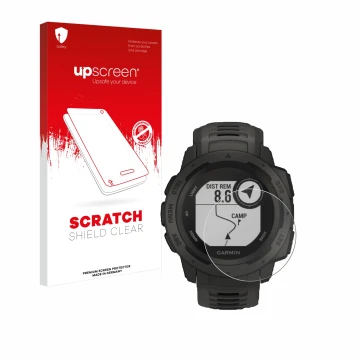 Vorderseite einer Produktverpackung mit dem Markenlogo upscreen. Daneben ist das Gerät Garmin Instinct Tactical Edition mit de