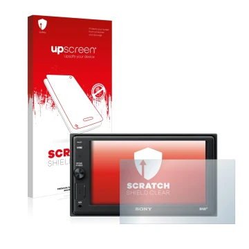 Vorderseite einer Produktverpackung mit dem Markenlogo upscreen. Daneben ist das Gerät Sony XAV-AX1005DB mit dem zugehörigen D