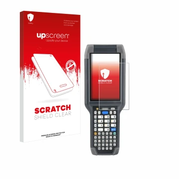 Vorderseite einer Produktverpackung mit dem Markenlogo upscreen. Daneben ist das Gerät Honeywell Dolphin CK65 mit dem zugehöri