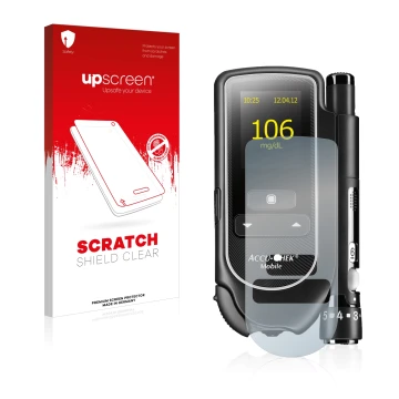 Vorderseite einer Produktverpackung mit dem Markenlogo upscreen. Daneben ist das Gerät Accu-Chek Mobile mit dem zugehörigen Di
