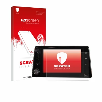 Vorderseite einer Produktverpackung mit dem Markenlogo upscreen. Daneben ist das Gerät Peugeot Rifter 2019 Infotainment System