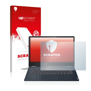 Vorderseite einer Produktverpackung mit dem Markenlogo upscreen. Daneben ist das Gerät Lenovo IdeaPad C340 14