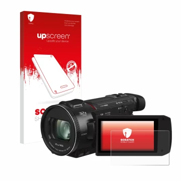 Vorderseite einer Produktverpackung mit dem Markenlogo upscreen. Daneben ist das Gerät Panasonic HC-VXF11 mit dem zugehörigen 