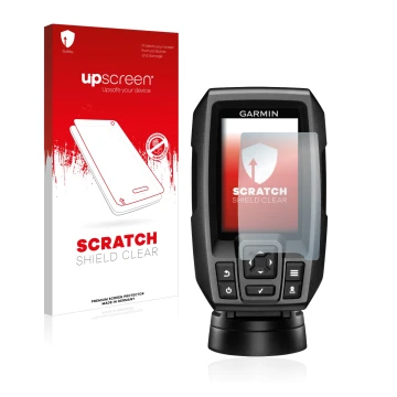 Vorderseite einer Produktverpackung mit dem Markenlogo upscreen. Daneben ist das Gerät Garmin Striker 4 mit dem zugehörigen Di
