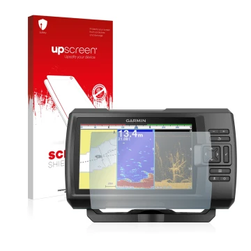 Vorderseite einer Produktverpackung mit dem Markenlogo upscreen. Daneben ist das Gerät Garmin Striker Plus 9sv mit dem zugehör