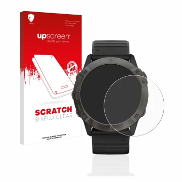 Vorderseite einer Produktverpackung mit dem Markenlogo upscreen. Daneben ist das Gerät Garmin Fenix 6X Pro mit dem zugehörigen
