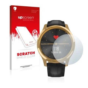 Vorderseite einer Produktverpackung mit dem Markenlogo upscreen. Daneben ist das Gerät Garmin vivomove Luxe (42 mm) mit dem zu