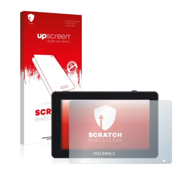 Vorderseite einer Produktverpackung mit dem Markenlogo upscreen. Daneben ist das Gerät Feelworld F6 Plus mit dem zugehörigen D