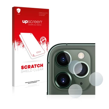 Vorderseite einer Produktverpackung mit dem Markenlogo upscreen. Daneben ist das Gerät Apple iPhone 11 Pro Max (NUR Kameraschu