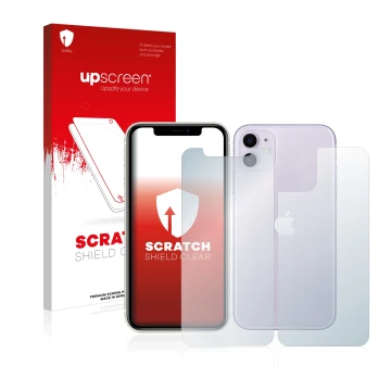 Vorderseite einer Produktverpackung mit dem Markenlogo upscreen. Daneben ist das Gerät Apple iPhone 11 (Display+Rückseite) mit
