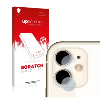 Vorderseite einer Produktverpackung mit dem Markenlogo upscreen. Daneben ist das Gerät Apple iPhone 11 (NUR Kameraschutz) mit 