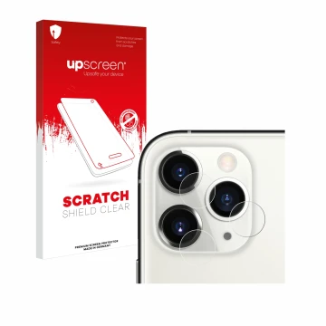 Vorderseite einer Produktverpackung mit dem Markenlogo upscreen. Daneben ist das Gerät Apple iPhone 11 Pro (NUR Kameraschutz) 