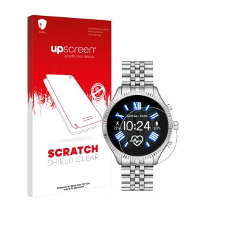 Vorderseite einer Produktverpackung mit dem Markenlogo upscreen. Daneben ist das Gerät Michael Kors Access Lexington 2 mit dem