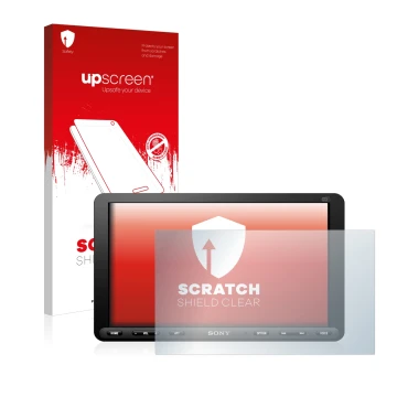 Vorderseite einer Produktverpackung mit dem Markenlogo upscreen. Daneben ist das Gerät Sony XAV-AX8050D mit dem zugehörigen Di