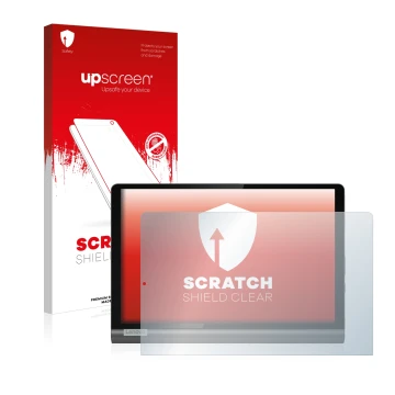 Vorderseite einer Produktverpackung mit dem Markenlogo upscreen. Daneben ist das Gerät Lenovo Yoga SmartTab mit dem zugehörige