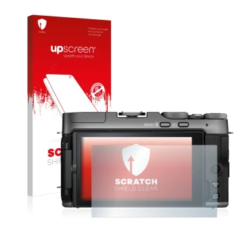 Vorderseite einer Produktverpackung mit dem Markenlogo upscreen. Daneben ist das Gerät Fujifilm X-A7 mit dem zugehörigen Displ