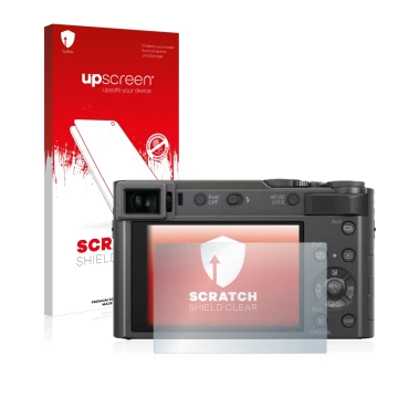 Vorderseite einer Produktverpackung mit dem Markenlogo upscreen. Daneben ist das Gerät Panasonic Lumix DC-TZ200 mit dem zugehö