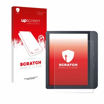 Vorderseite einer Produktverpackung mit dem Markenlogo upscreen. Daneben ist das Gerät Kobo Libra H2O mit dem zugehörigen Disp