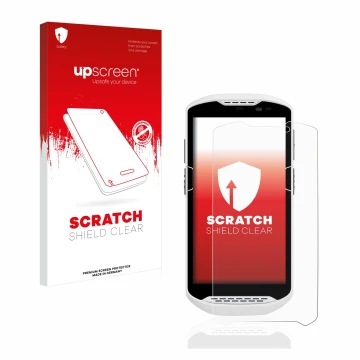 Vorderseite einer Produktverpackung mit dem Markenlogo upscreen. Daneben ist das Gerät Zebra TC57 mit dem zugehörigen Displays