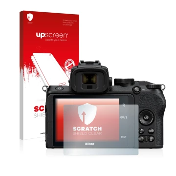 Vorderseite einer Produktverpackung mit dem Markenlogo upscreen. Daneben ist das Gerät Nikon Z 50 mit dem zugehörigen Displays