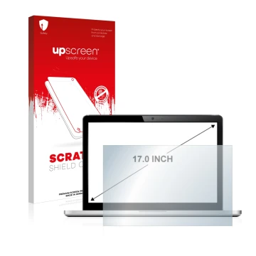 Vorderseite einer Produktverpackung mit dem Markenlogo upscreen. Daneben ist das Gerät mit dem zugehörigen Displayschutz abgeb