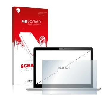 Vorderseite einer Produktverpackung mit dem Markenlogo upscreen. Daneben ist das Gerät mit dem zugehörigen Displayschutz abgeb
