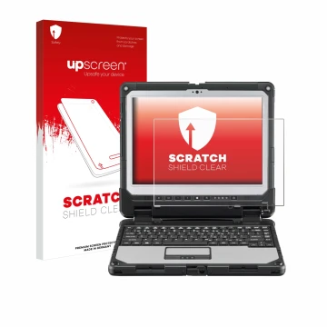 Vorderseite einer Produktverpackung mit dem Markenlogo upscreen. Daneben ist das Gerät Panasonic Toughbook CF-33 mit dem zugeh