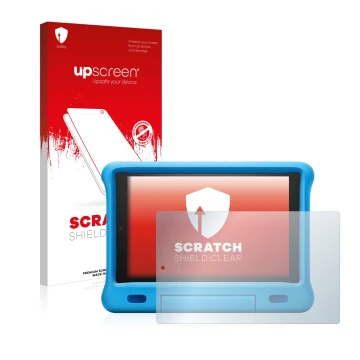Vorderseite einer Produktverpackung mit dem Markenlogo upscreen. Daneben ist das Gerät Amazon Fire HD 10 Kids 2019 (9. Gen.) m