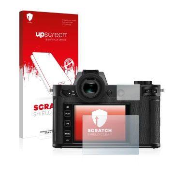 Vorderseite einer Produktverpackung mit dem Markenlogo upscreen. Daneben ist das Gerät Leica SL2 mit dem zugehörigen Displaysc