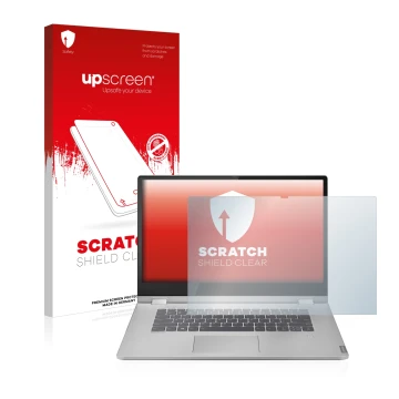 Vorderseite einer Produktverpackung mit dem Markenlogo upscreen. Daneben ist das Gerät Lenovo IdeaPad C340 15