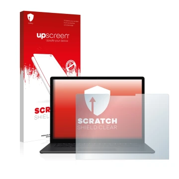 Vorderseite einer Produktverpackung mit dem Markenlogo upscreen. Daneben ist das Gerät Microsoft Surface Laptop 3 15