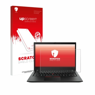 Vorderseite einer Produktverpackung mit dem Markenlogo upscreen. Daneben ist das Gerät Lenovo ThinkPad T490s mit dem zugehörig