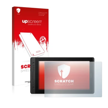 Vorderseite einer Produktverpackung mit dem Markenlogo upscreen. Daneben ist das Gerät Huion Kamvas Pro 16 Premium mit dem zug