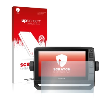 Vorderseite einer Produktverpackung mit dem Markenlogo upscreen. Daneben ist das Gerät Garmin ECHOMAP UHD 92sv mit dem zugehör