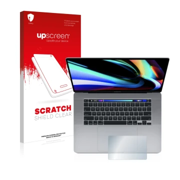 Vorderseite einer Produktverpackung mit dem Markenlogo upscreen. Daneben ist das Gerät Apple MacBook Pro 16