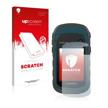 Vorderseite einer Produktverpackung mit dem Markenlogo upscreen. Daneben ist das Gerät Garmin eTrex 22x mit dem zugehörigen Di