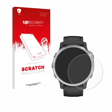 Vorderseite einer Produktverpackung mit dem Markenlogo upscreen. Daneben ist das Gerät Garmin Fenix 6S mit dem zugehörigen Dis