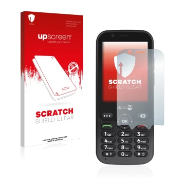 Vorderseite einer Produktverpackung mit dem Markenlogo upscreen. Daneben ist das Gerät Doro 7010 mit dem zugehörigen Displaysc