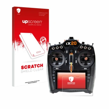 Vorderseite einer Produktverpackung mit dem Markenlogo upscreen. Daneben ist das Gerät Spektrum iX20 mit dem zugehörigen Displ